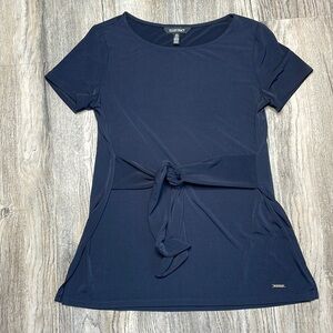 Ellen Tracy Navy Blue Short Sleeve Crewneck Blouse with tie waist, size small